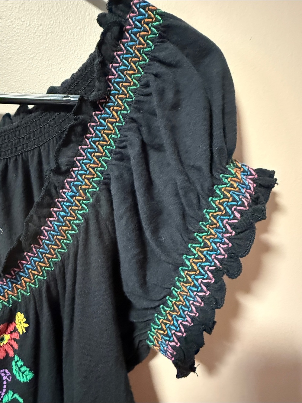 L.O.L. Vintage Black Embroidered Peasant Blouse with Multicolor Floral Trim - Picture 3 of 7